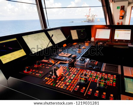 control panel and buttons of steering systems of a modern dynamic positioning offshore vessel Royalty-Free Stock Photo #1219031281