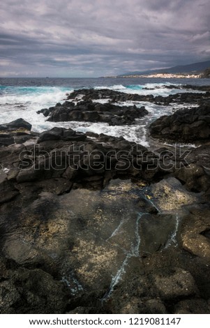 Seascape landscape panorama of sea coastline with wave and rocks. Colored sky with clouds. travel and tropical resort concept for nature outdoor scenic picture