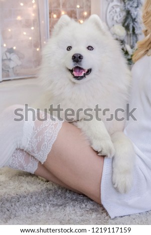 beautiful blonde in white clothes with a white husky on the background of the fireplace