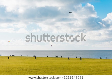 A large field by the sea. The wind is blowing, flying kites. Parents walk with children. Family Sunday vacation.