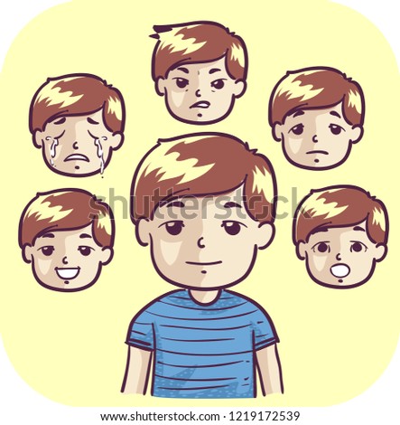 Illustration of a Kid Boy with Faces Showing Different Emotions from Happy, Sad, Worried, Crying, Anger and Surprise