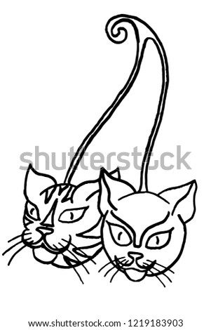 Handmade pen drawing of two cat heads connected by a cherry stem. Usable as a coloring page. Vector comes with transparent backing.