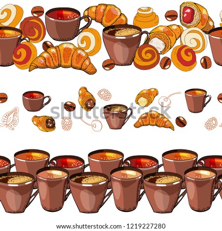 Set of endless borders. Coffee and tea cups,croissants and buns drawing on a white background. Drink and pastry. Vector image of breakfast for bakery, coffee house, menu, wrapping paper, fabric