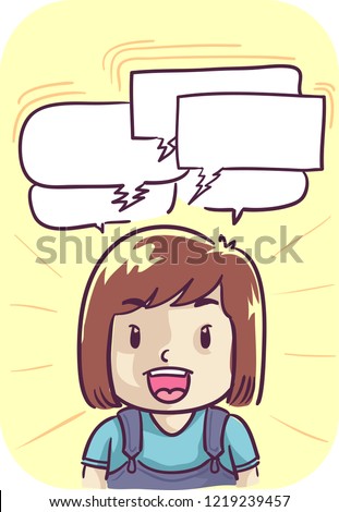 Illustration of a Kid Girl Talking Very Fast, with Several Blank Speech Bubbles