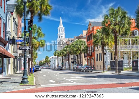St. Michaels Church and Broad St. in Charleston, SC Royalty-Free Stock Photo #1219247365