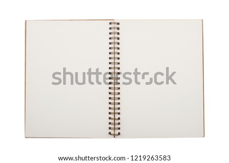 top view closeup of open notebook with copper metal spirals and brown hardcover blank pages isolated on white