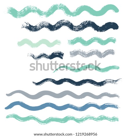 wave brush strokes vector set background. Artistic curve blue lines grunge collection. Set of grungy hand painted sea brush strokes isolated on white. wavy watercolor line collection