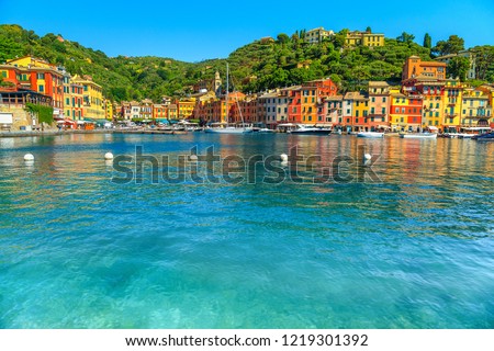 Beautiful Portofino cityscape, best touristic Mediterranean place with typical colorful buildings and famous luxury harbor, Portofino, Liguria, Cinque Terre, Italy, Europe Royalty-Free Stock Photo #1219301392