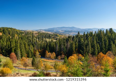 Travel in mountains at sunny autumn day
