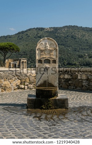 Antique drinking fountain with eagle carved in stone in Tivoli, Italy