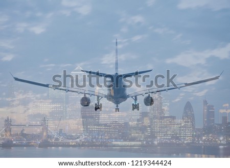 Abstract multiple exposure of commercial airplane flying against London city background. Concept for business, traveling, arriving in London, transportation
