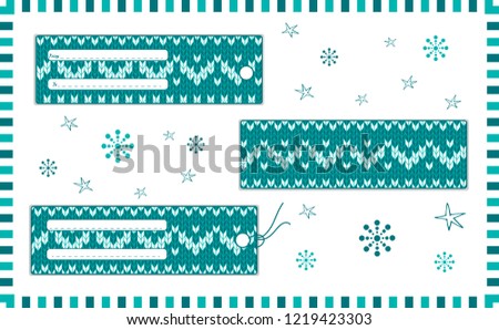 Set of rectangular horizontal Christmas knitted labels. Snowflakes on turquoise blue background. Vector