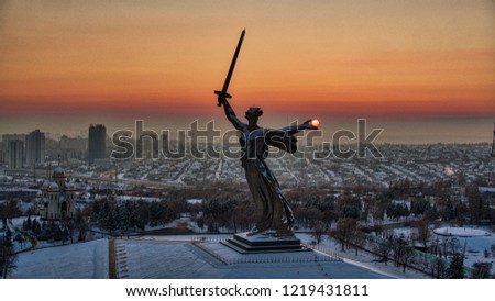 Russia Volgograd Mamaev Kurgan monument Motherland Mother calls winter sunset Royalty-Free Stock Photo #1219431811
