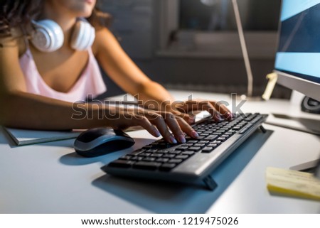 Searching Browsing Internet Data Information Networking Concept. Close up of female hands typing on black keyboard, woman working at office and using modern computer and keyboard