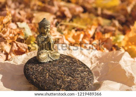 Buddha statuette against the background of autumn foliage, Raw Chinese tea Pu-erh pressed