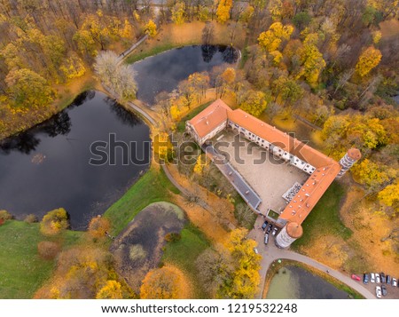 Aerial shot of Panemune castle in Lithuania. Aerial shot of castle between lakes.