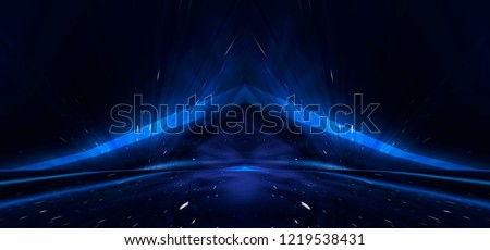 Tunnel in blue neon light, underground passage. Abstract blue background. Background of an empty black corridor with neon light. Abstract background with lines and glow