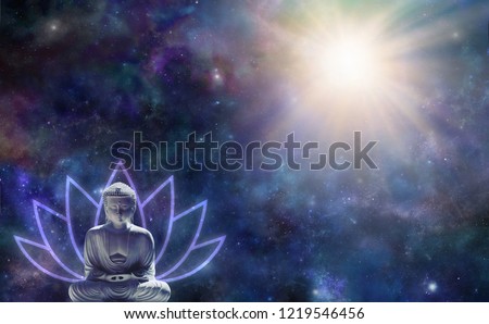 Buddhism Enlightenment Background - Buddha in seated position with a lotus flower symbol behind against a dark starry night sky with a magnificent light burst in the top right corner and copy space 
