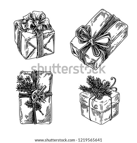 Set of boxes gifts decorated with bows. Sketch. Engraving style.