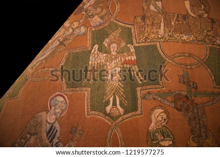 cope or chasuble worn by a priest at mess. picture of saints and seraphs 1300