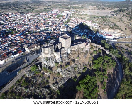 Drone in Alburquerque. Aerial view of Castle. Extremadura, Spain, 
