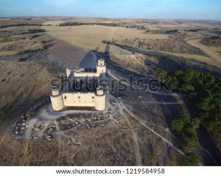 Aerial view of spanish castle in Barcience, Toledo. Spain, Drone Photo