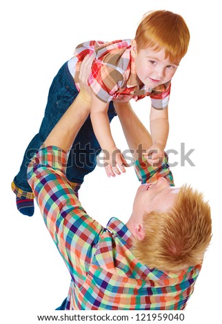 The happy father with the small son isolated on a white background