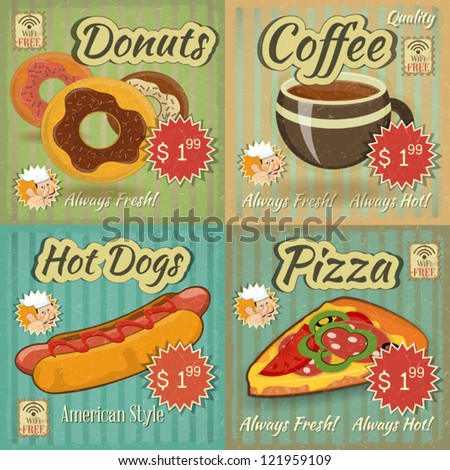 set of Retro Fast Food Menu Cards. Vector Illustration.