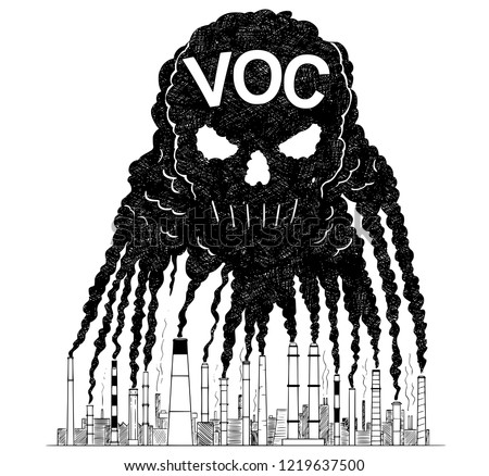 Vector artistic pen and ink drawing illustration of smoke coming from industry or factory smokestacks or chimneys creating human skull shape in air. Environmental concept of toxic and deadly VOC or