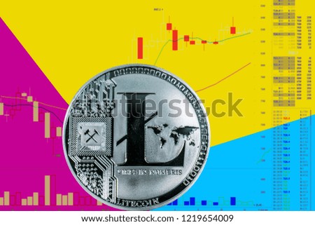 Coin cryptocurrency Litecoin on chart and yellow neon background.