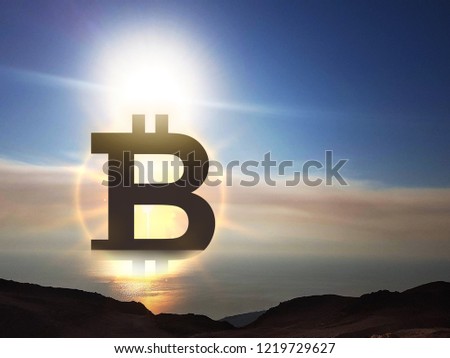 Bitcoin , the strongest cryptocurrency shine up and rise with the sun on the sea