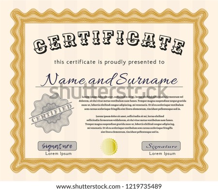 Orange Certificate of achievement template. Vector illustration. With great quality guilloche pattern. Sophisticated design. 