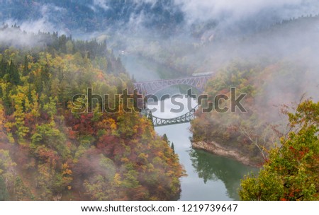 Train crossing the first bridge at Tadami line with surrounding beautiful autumn foliage and fog.