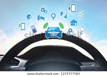 Internal view and automatic self command driving  with smartphone , Electric smart car technology and empty space for text. 