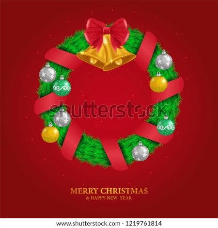 Christmas card banner with illustration of wreath leaves garland decoration with ball and ribbon and bell with red background