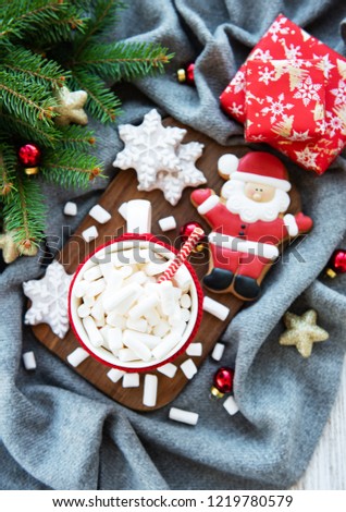 hot chocolate with marshmallows and gingerbread cookie on a grey scarf