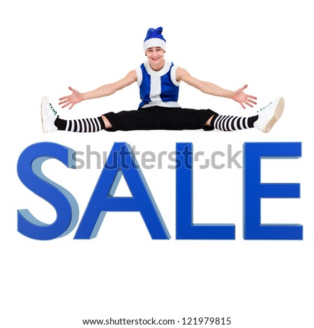 Christmas boy with 3d render of the word sale, against isolated white background