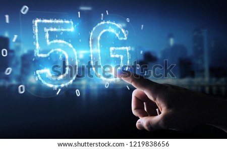 Businessman on blurred background using 5G network digital hologram 3D rendering