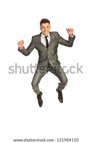 Successful happy business man leaping isolated  on white background