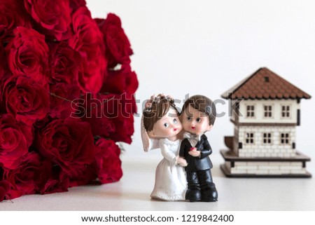 real estate and mortgage concept.happy valentines day concept with isolated red roses,bride,groom model on the white background.card message background.