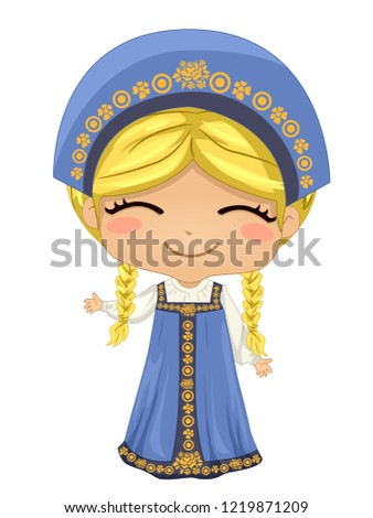 Illustration of a Kid Girl With Braided Hair, Wearing Russian National Costume in Blue and Gold