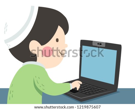 Illustration of a Jewish Kid Boy Student Typing and Using a Laptop