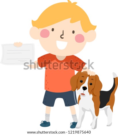 Illustration of a Kid Boy Holding a Beagle and an Adoption Certificate