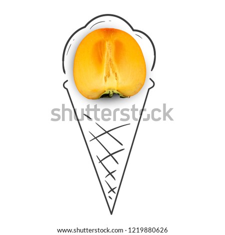 Fruit composition with fresh persimmon and cartoon cute doodle drawing ice cream on white background. Creative minimalistic food concept.