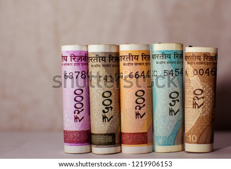A new banknote of India with a denomination of 2000,10,50,200 500 rupees. Indian currency. Mahatma Gandhi and rosary Royalty-Free Stock Photo #1219906153