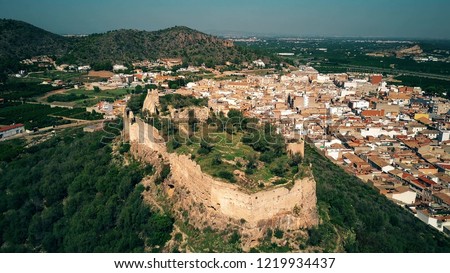 Aerial shot of ancient Corbera Castle, Spain
