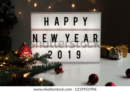 Closeup of Happy New Year 2019 board. Christmas decoration