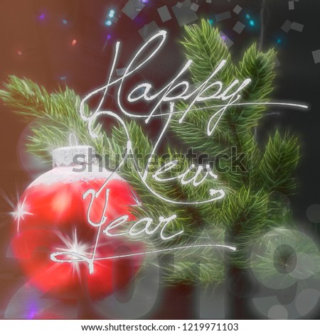 Christmas card. Red ball and Tree. New year's card with the inscription Happy New year.