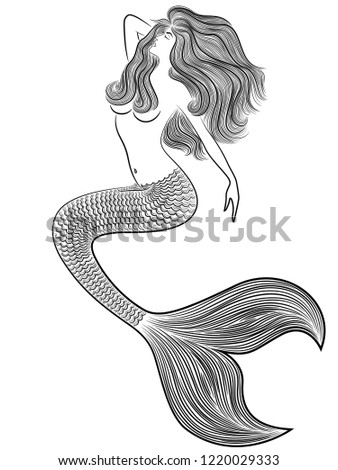 Dreamy slender wonder Mermaid with luxurious wavy hair and long scales fish tail,  illustration