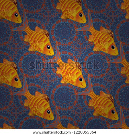 Vector illustration with fishes in yellow, orange and violet colors. Vector illustration. Seamless pattern with colorful fish swimming underwater.
